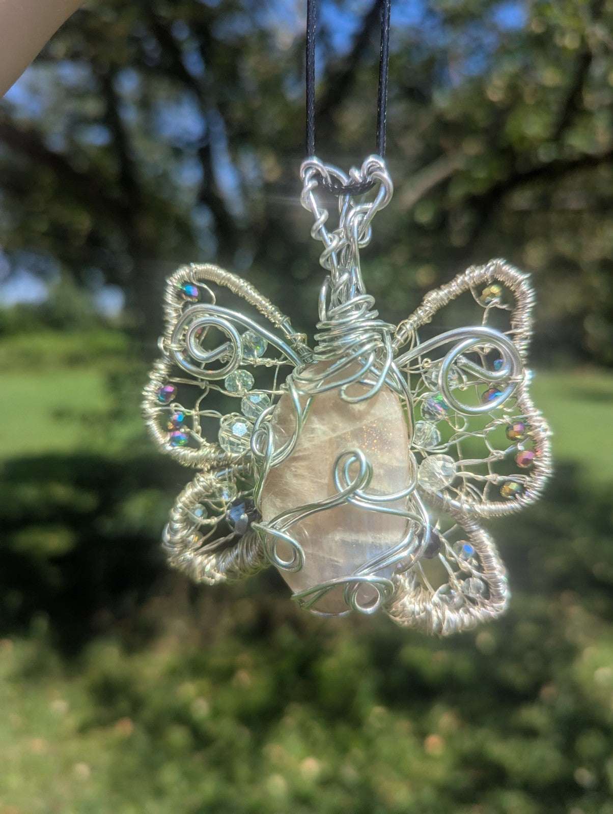 Handmade Sun and Moonstone Butterfly Necklace | Crystal Arborist