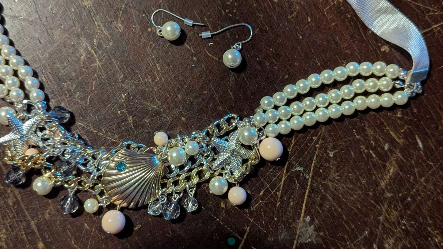 Vintage Pearls, Beads, And Seashell Pendant, With Matching Earings | Crystal Arborist