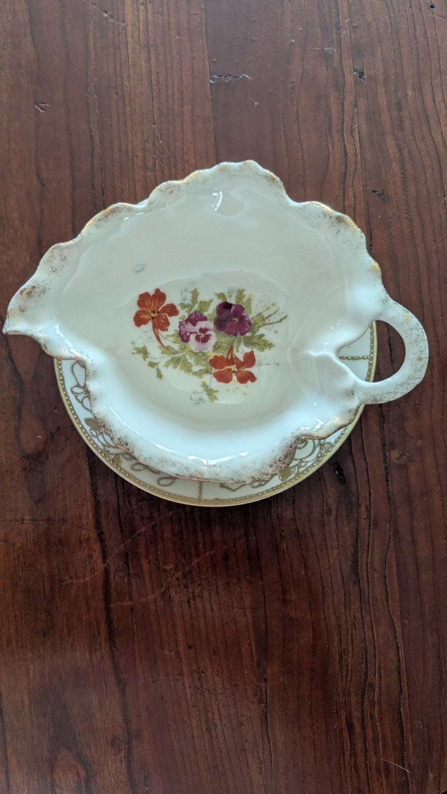 Vintage Gold Accented Leaf Shaped Gravy Serving Dish And Plate W/ Floral Design | Crystal Arborist