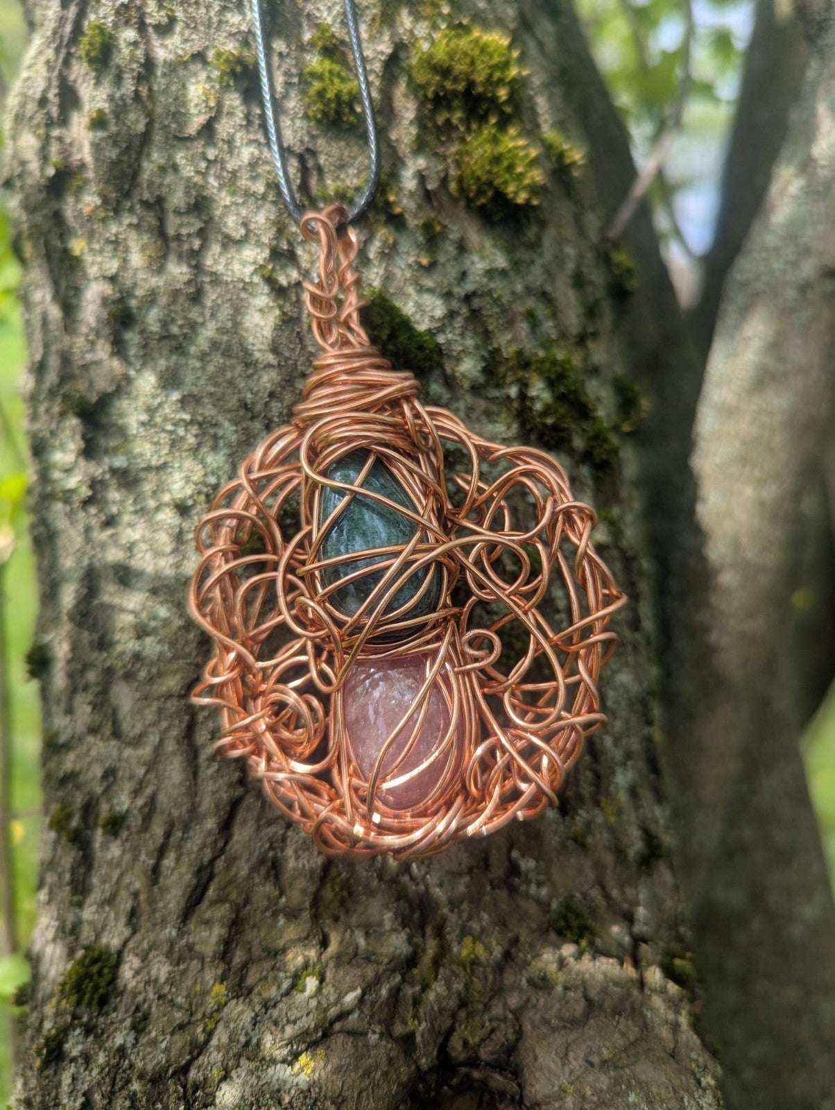 Africa Bloodstone and Cherry Quartz Wire Pendant For Balance and Harmony | Crystal Arborist