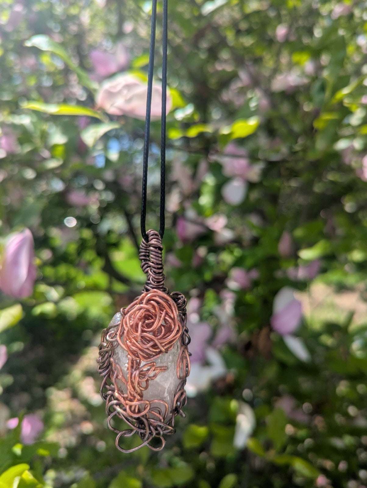 Clear Quartz Wire Necklace with Metal Rose for Everlasting Love and Prosperity | Crystal Arborist