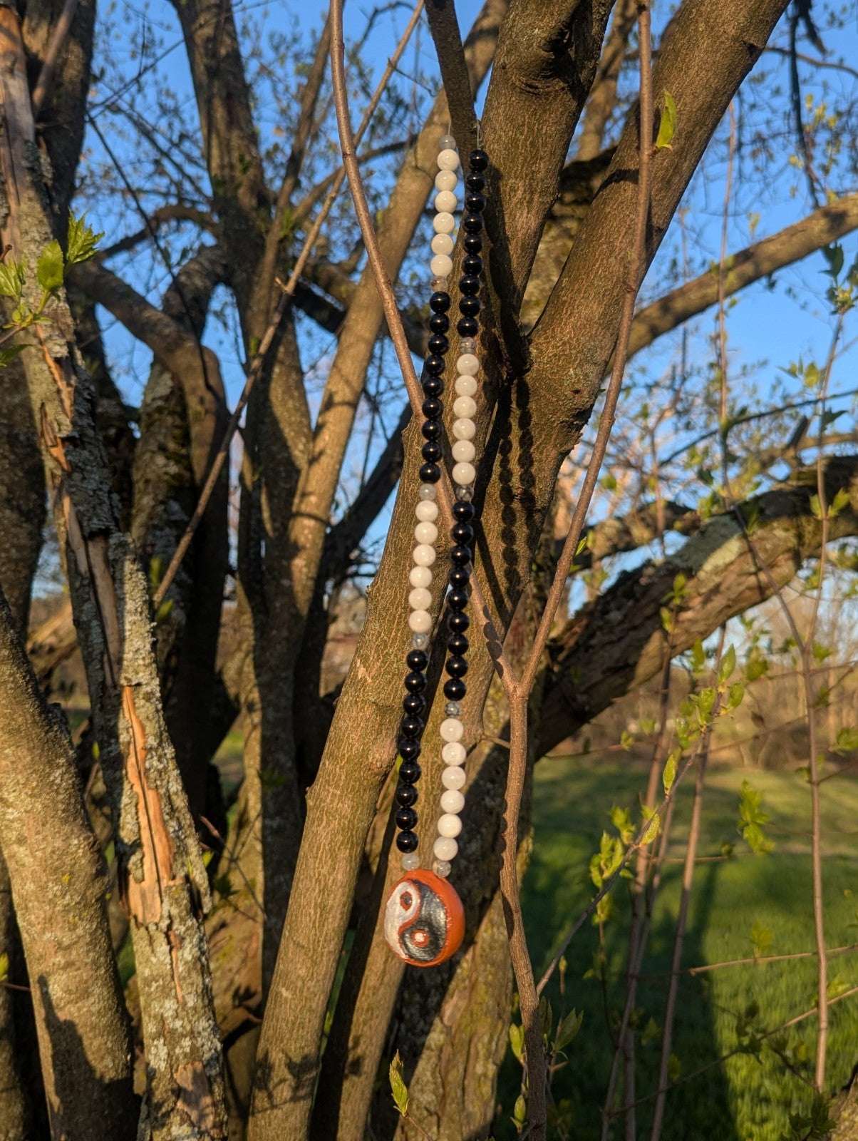 Yin & Yang Clay Pendant, Moonstone, Black Onyx, Dragon Vein Agate, Mala Beads | Crystal Arborist