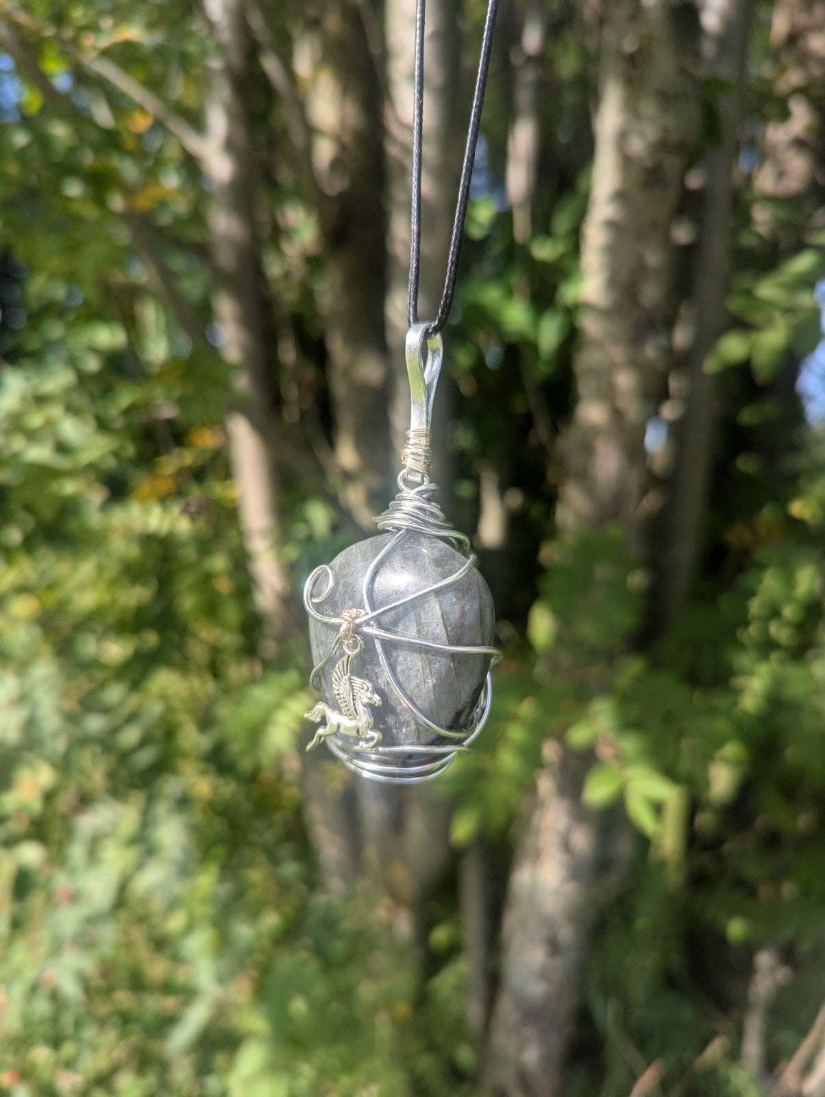 Labradorite Wirewrapped Necklace, Handmade Pendant With Pegasus Charm | Crystal Arborist