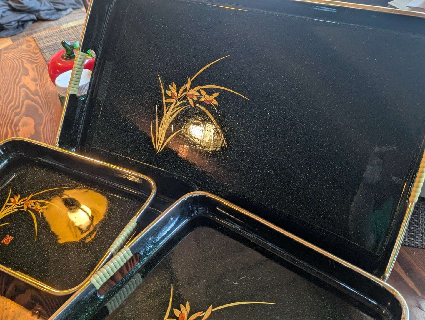 Three Vintage Oriental Style Serving Trays, Beautiful Green | Crystal Arborist