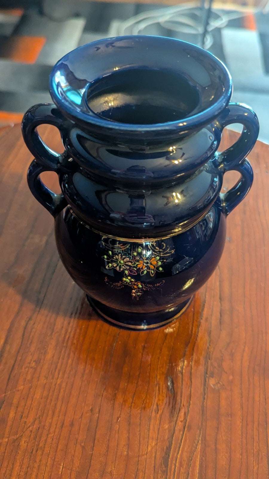 Vintage Kutani Japan Double Handled Hand Painted Cobalt Blue Ceramic Vase 6.5" | Crystal Arborist