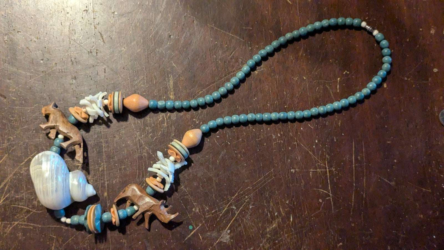 Vintage Necklace, Wooden Beads and Shells | Crystal Arborist