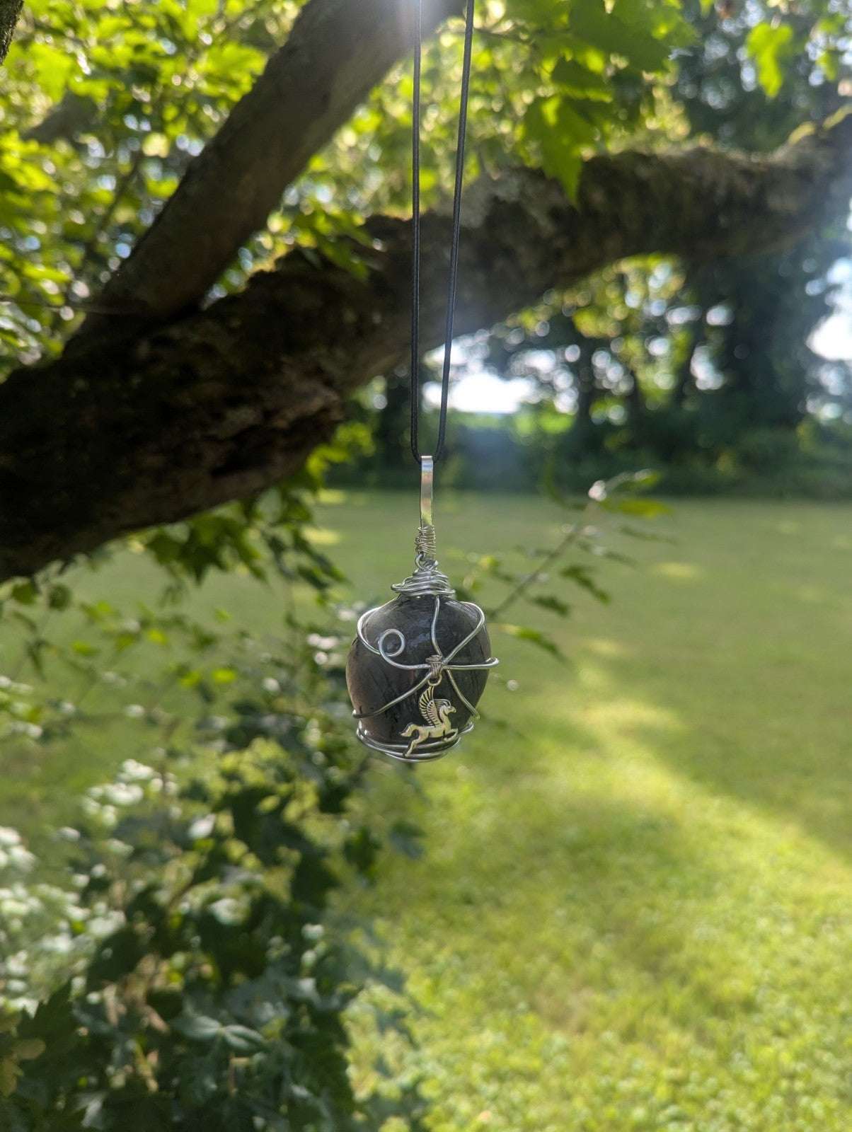 Labradorite Wirewrapped Necklace, Handmade Pendant With Pegasus Charm | Crystal Arborist