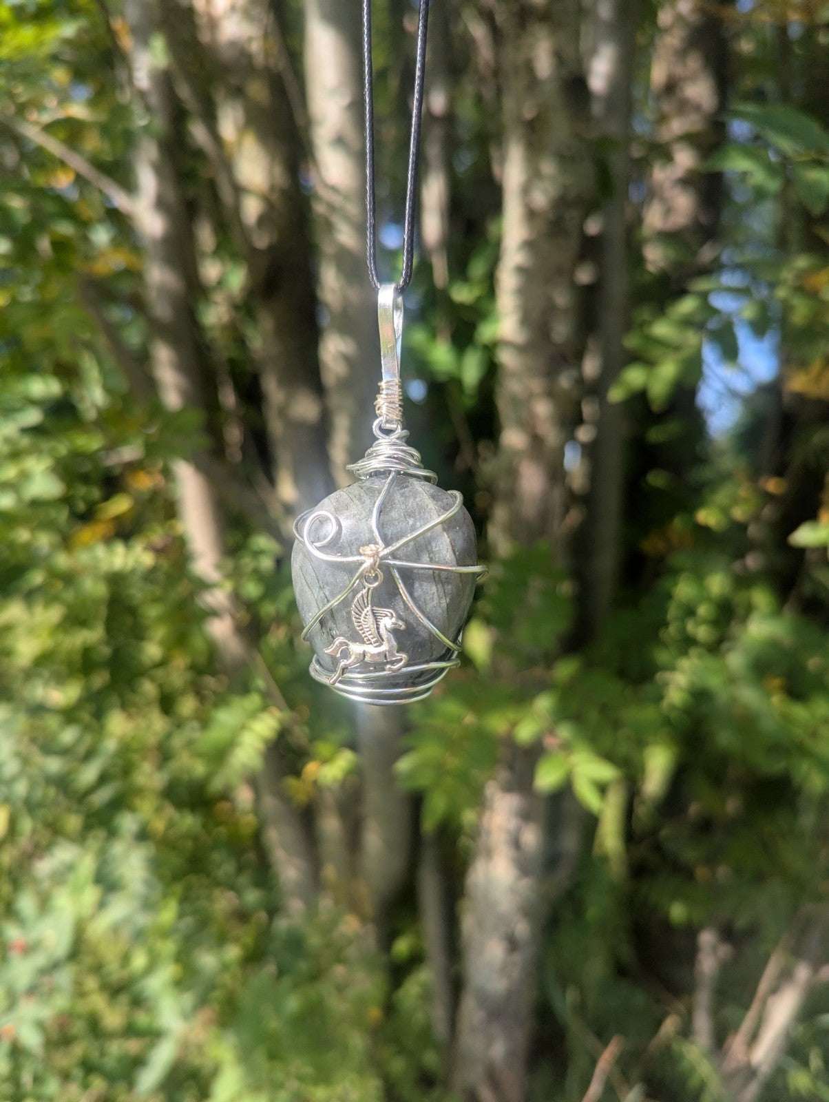 Labradorite Wirewrapped Necklace, Handmade Pendant With Pegasus Charm | Crystal Arborist