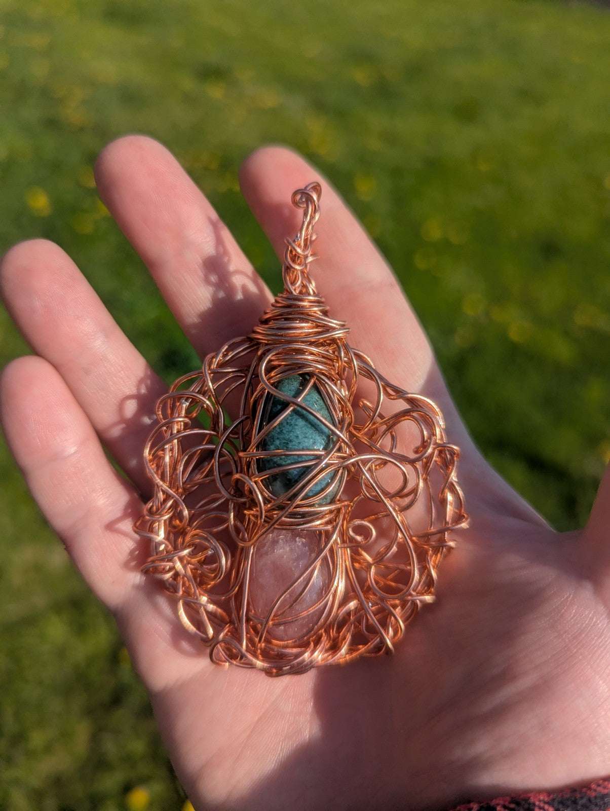 Africa Bloodstone and Cherry Quartz Wire Pendant For Balance and Harmony | Crystal Arborist