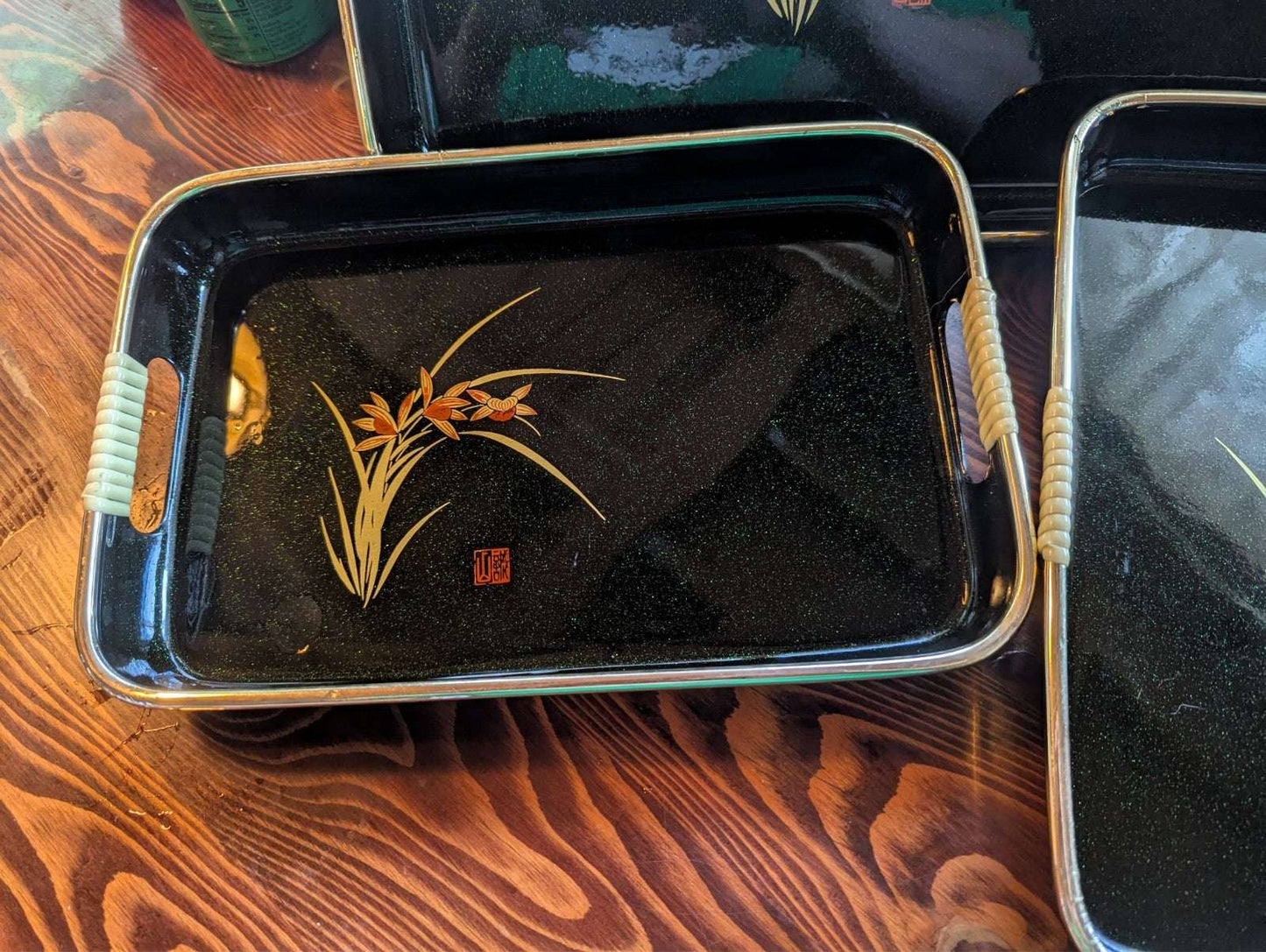 Three Vintage Oriental Style Serving Trays, Beautiful Green | Crystal Arborist