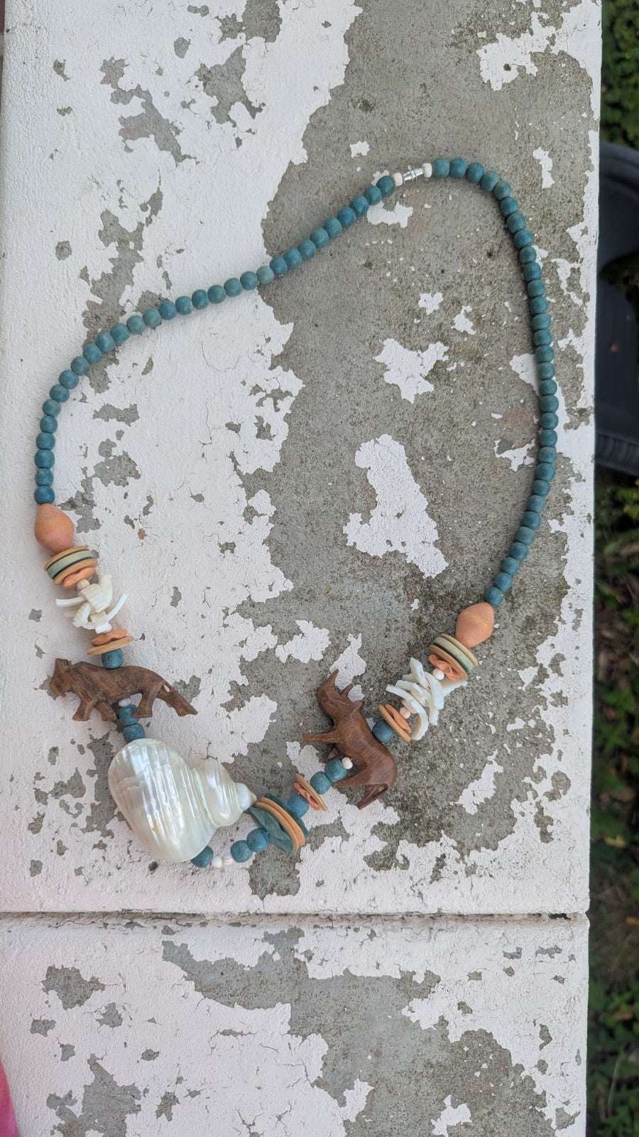 Vintage Necklace, Wooden Beads and Shells | Crystal Arborist