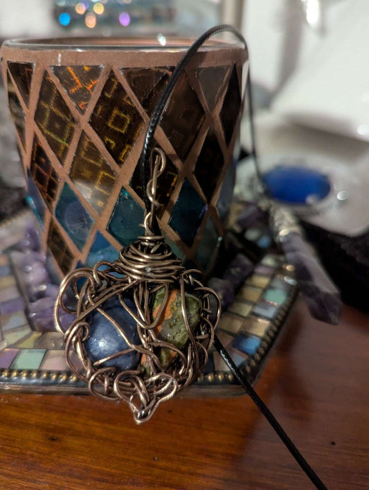 Unakite and Blue Aventurine Wire Pendant, Unique Design, Heart Shaped, Lovely | Crystal Arborist