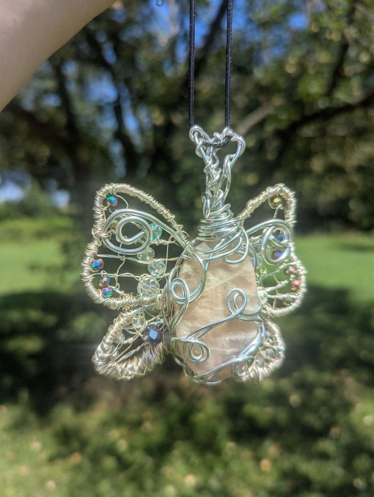 Handmade Sun and Moonstone Butterfly Necklace | Crystal Arborist