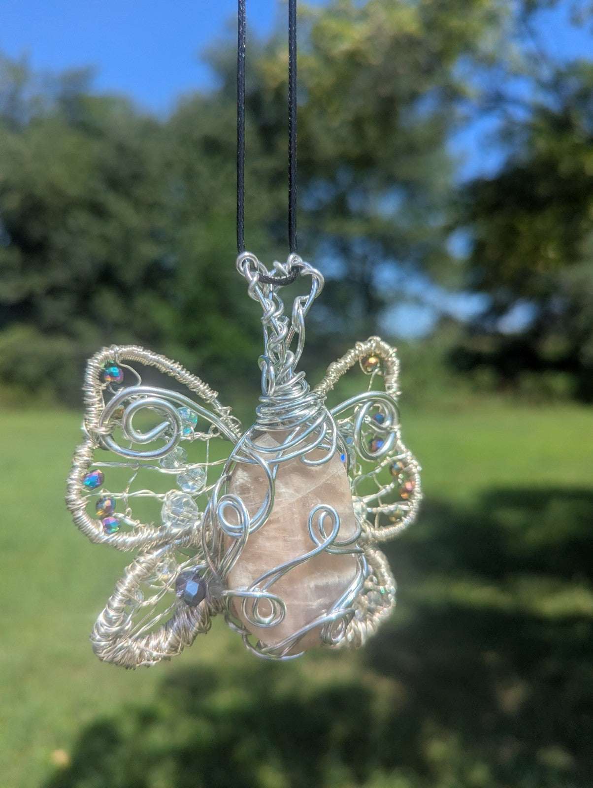 Handmade Sun and Moonstone Butterfly Necklace | Crystal Arborist