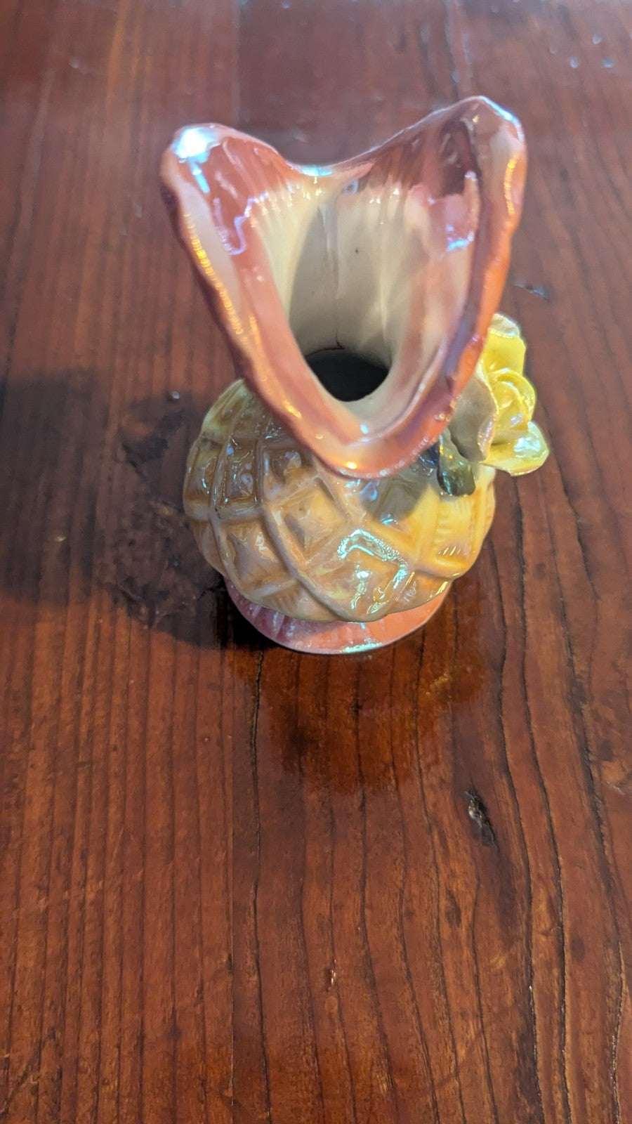 Small Pearlescent Vintage Vase, Sculpted Flowers, Iridescent | Crystal Arborist