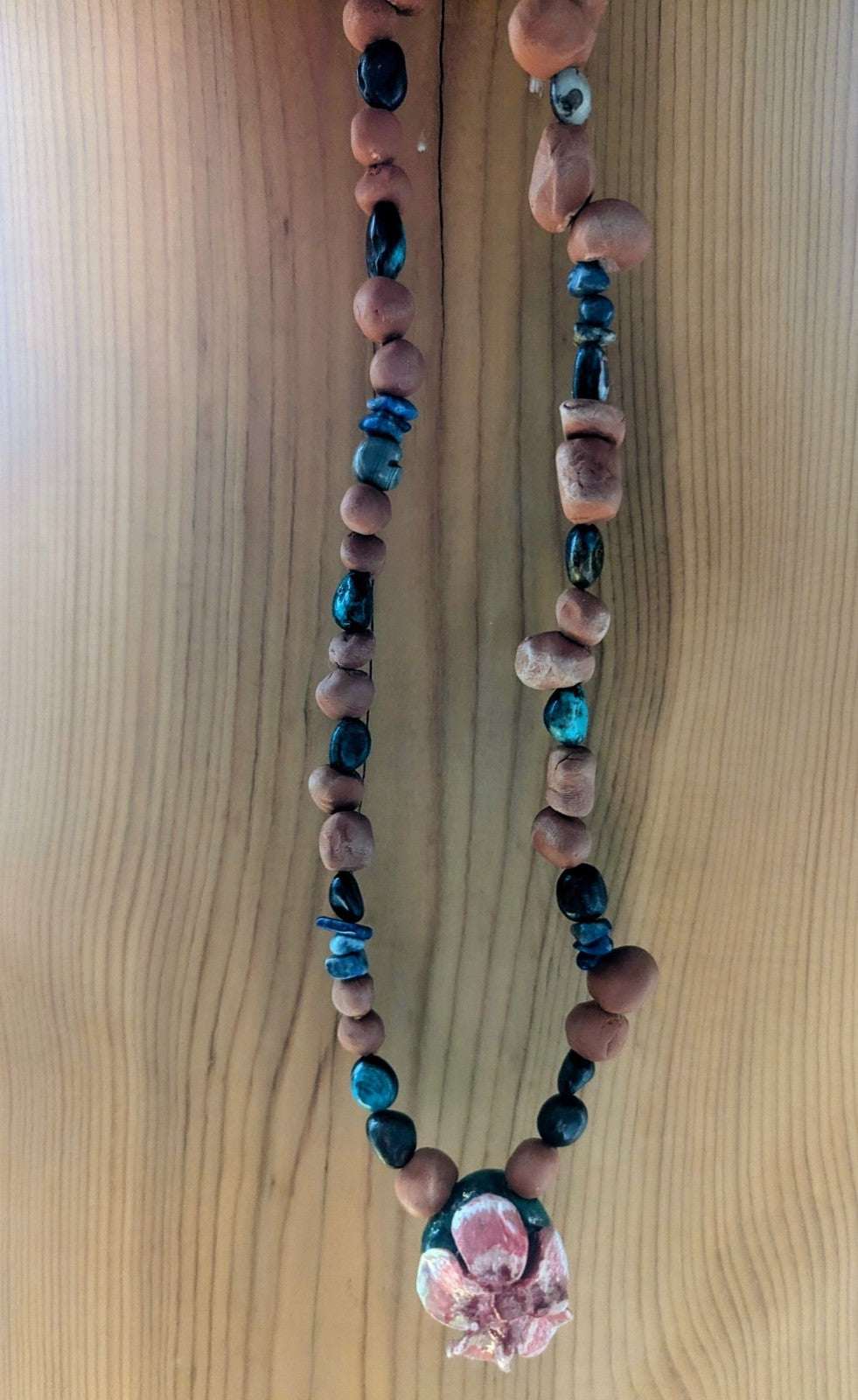 Clay & Gemstone Necklace: Crysocolla & Lapis Lazuli with Cherry Blossom Pendant | Crystal Arborist
