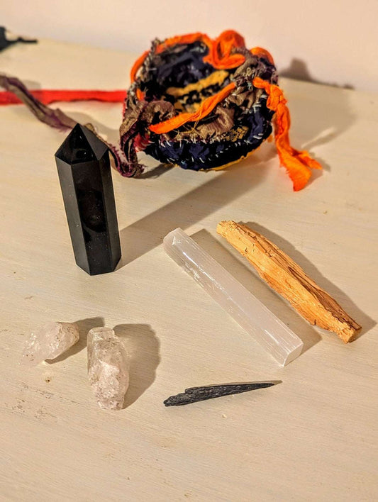 Protection and Grounding Gemstone Bundle with Handmade Drawstring Sari Silk Bag | Crystal Arborist