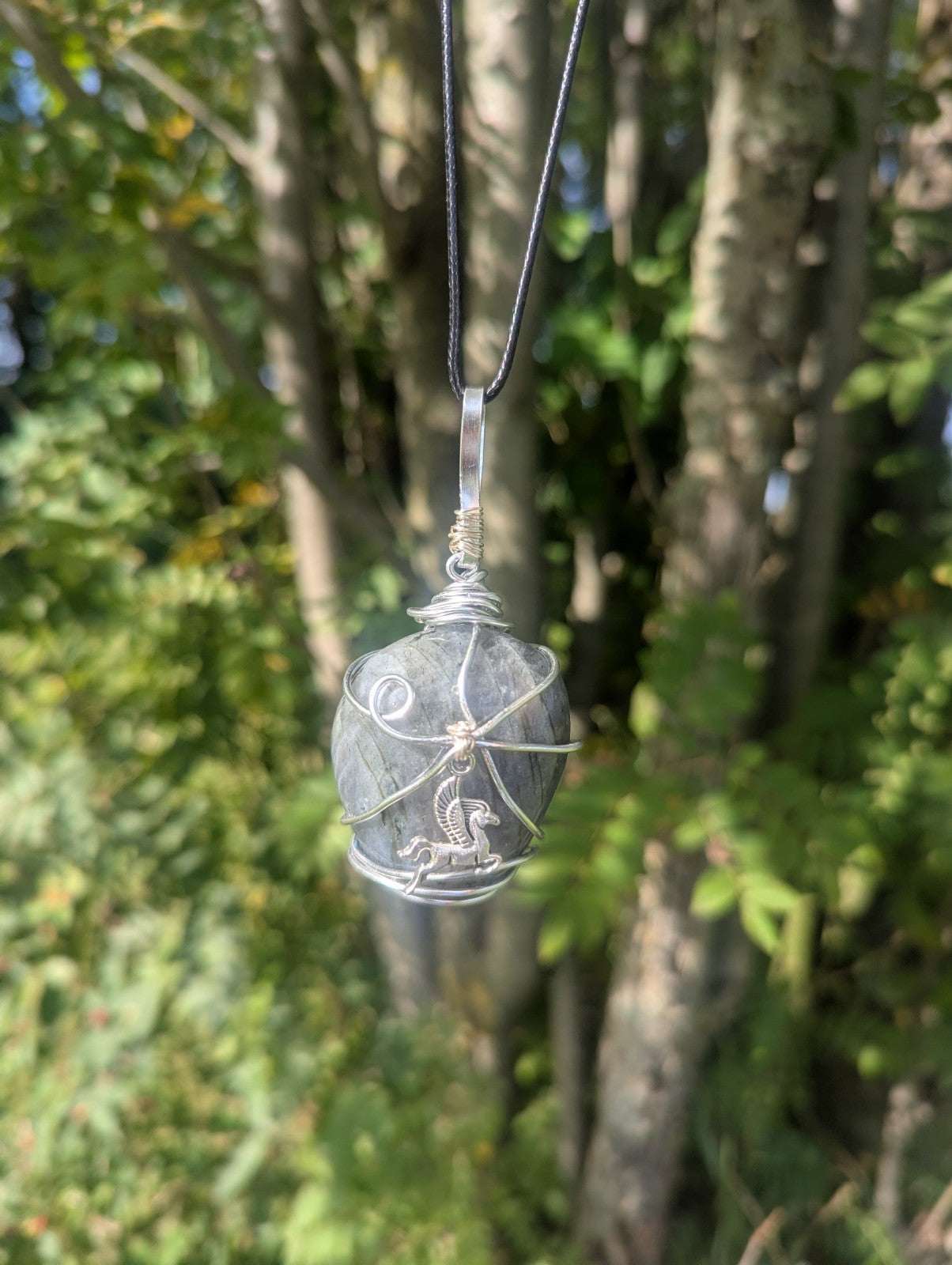 Labradorite Wirewrapped Necklace, Handmade Pendant With Pegasus Charm | Crystal Arborist
