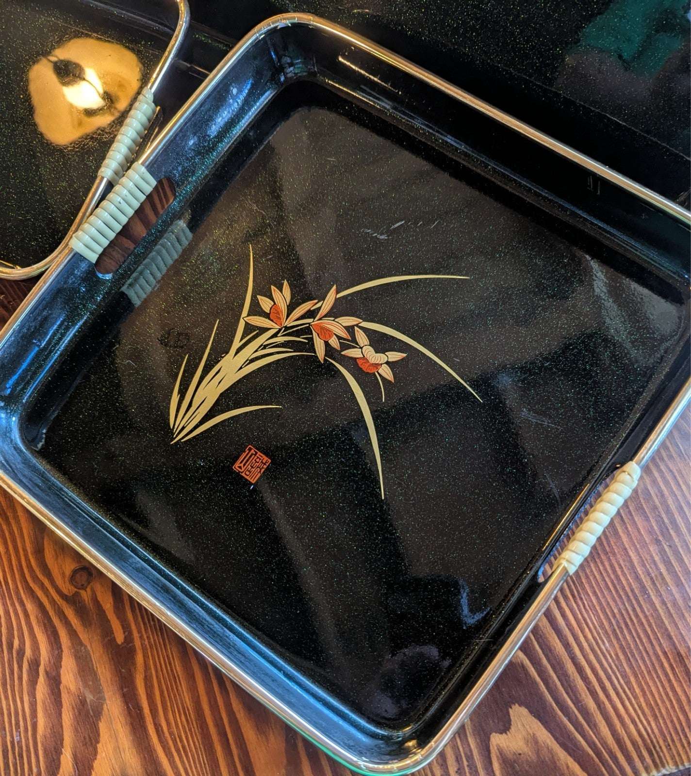 Three Vintage Oriental Style Serving Trays, Beautiful Green | Crystal Arborist