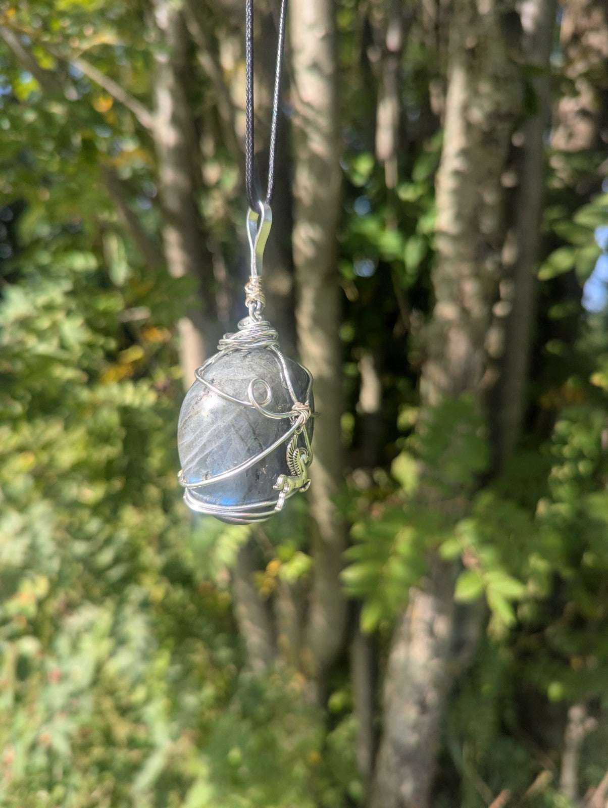 Labradorite Wirewrapped Necklace, Handmade Pendant With Pegasus Charm | Crystal Arborist