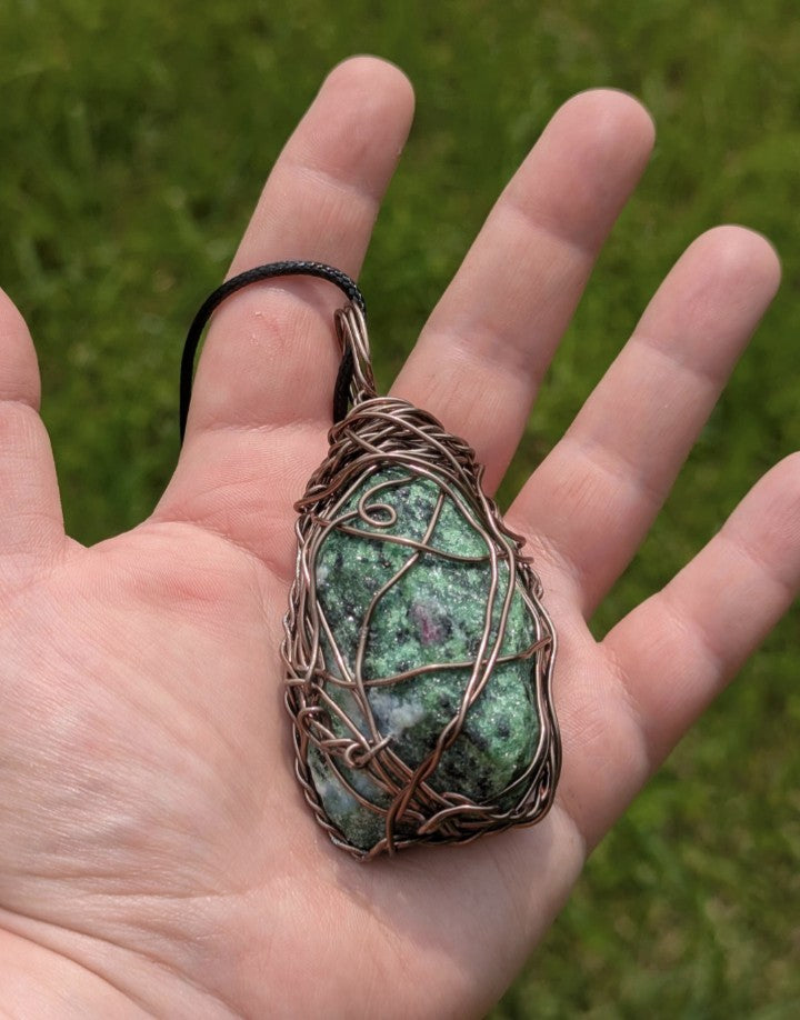 Natural Ruby in Zoisite Wirewrapped Necklace for Harmony and Balance