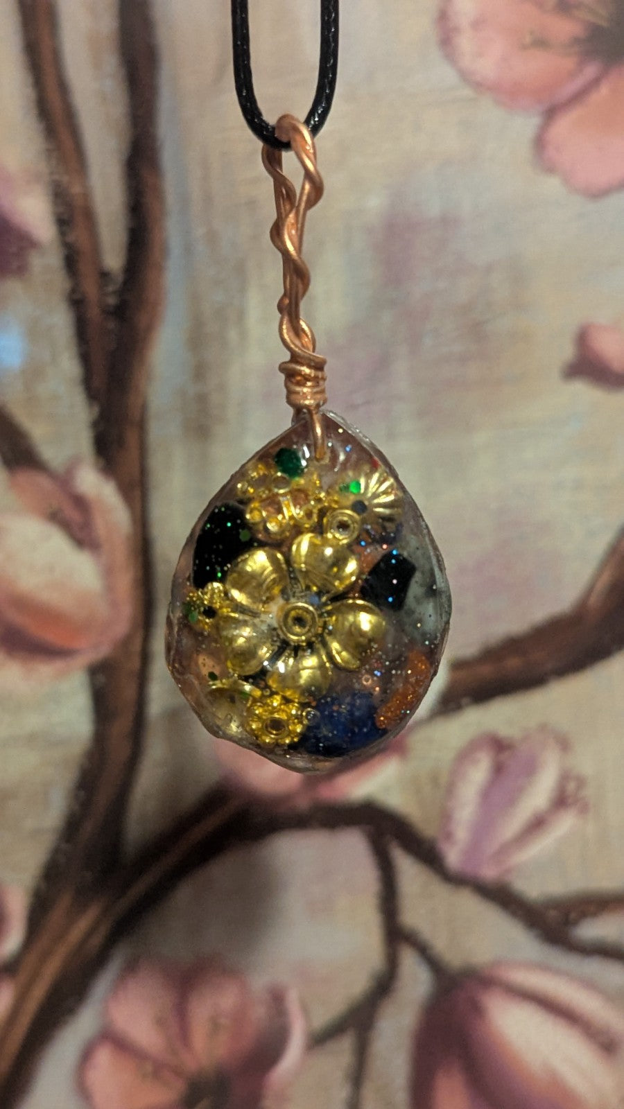 Lapis and Goldstone, Gold Flower, Handmade Orgonite Necklace