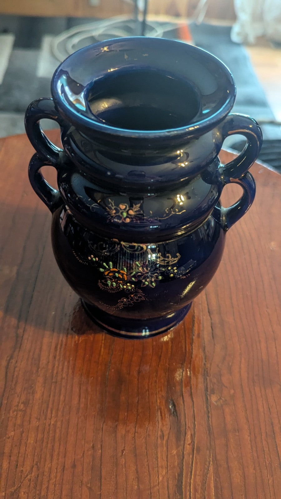 Vintage Kutani Japan Double Handled Hand Painted Cobalt Blue Ceramic Vase 6.5"