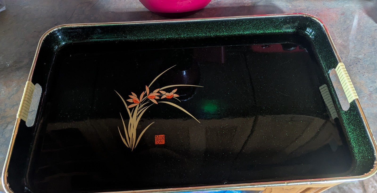 Three Vintage Oriental Style Serving Trays, Beautiful Green