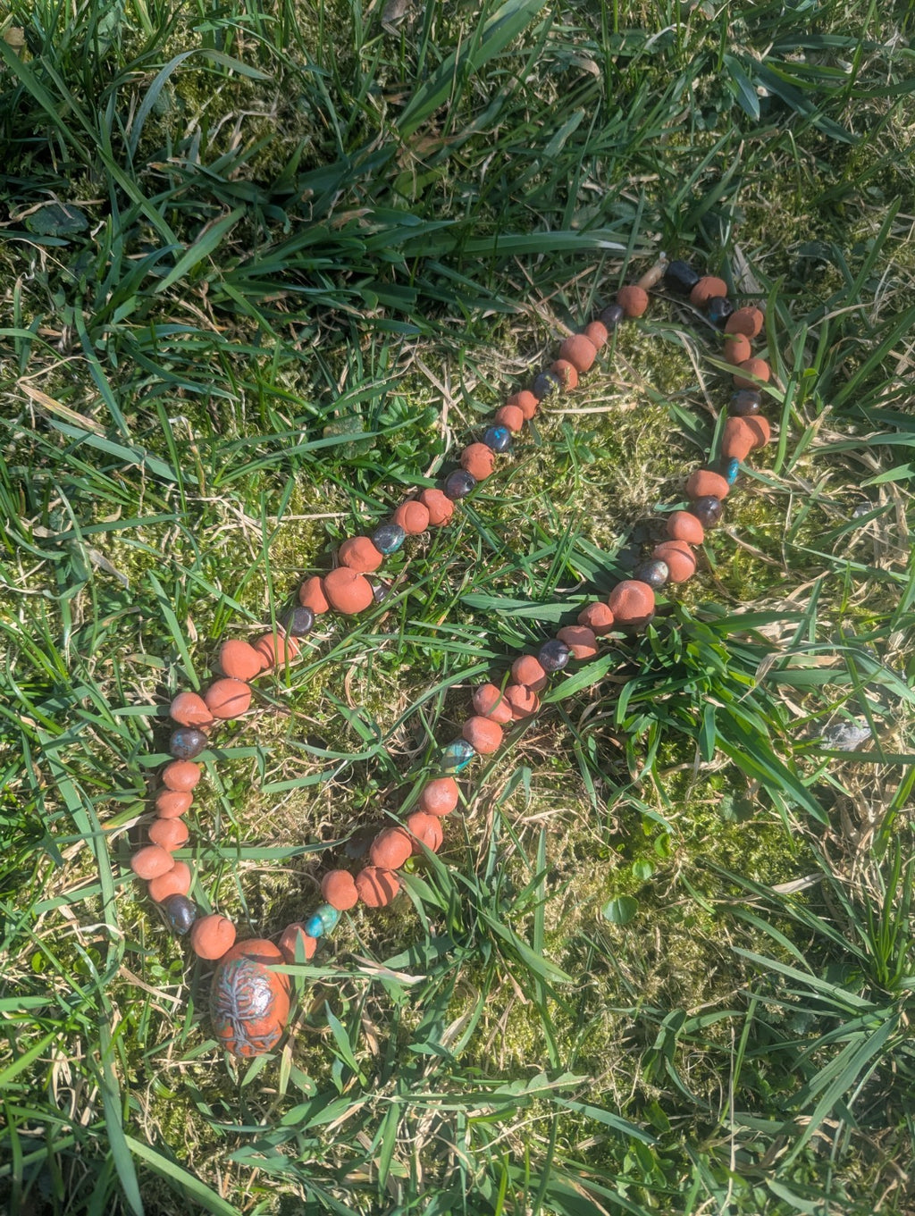 Clay & Gemstone Necklace: Crysocolla Beads w/ Painted Tree Pendant For Grounding