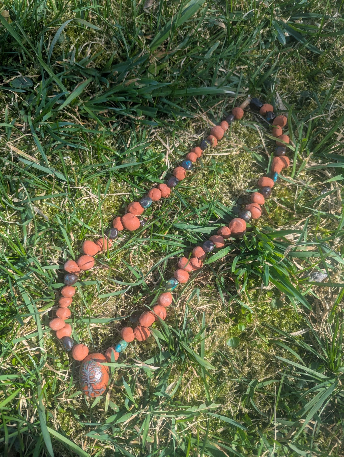 Clay & Gemstone Necklace: Crysocolla Beads w/ Painted Tree Pendant For Grounding