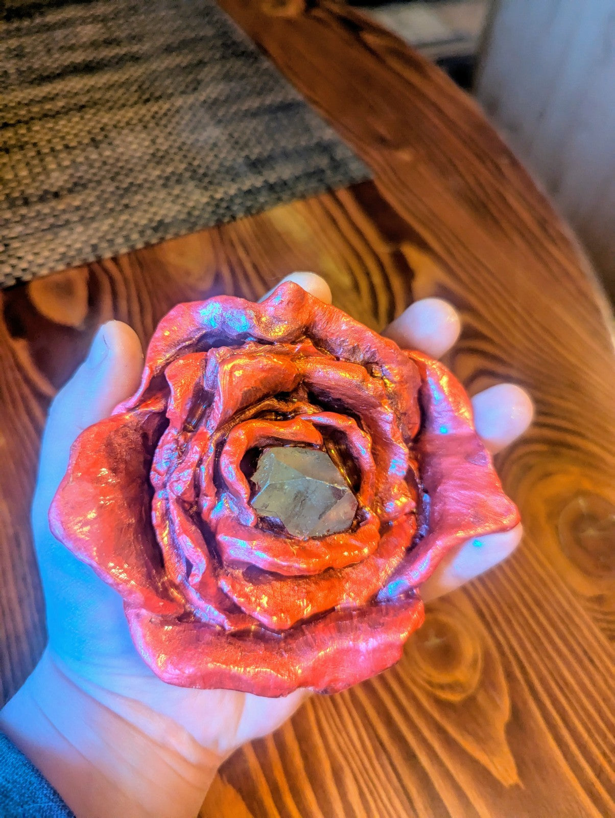 Red Rose Sculpture with Clear Quartz Point for Home Decor, Meditation