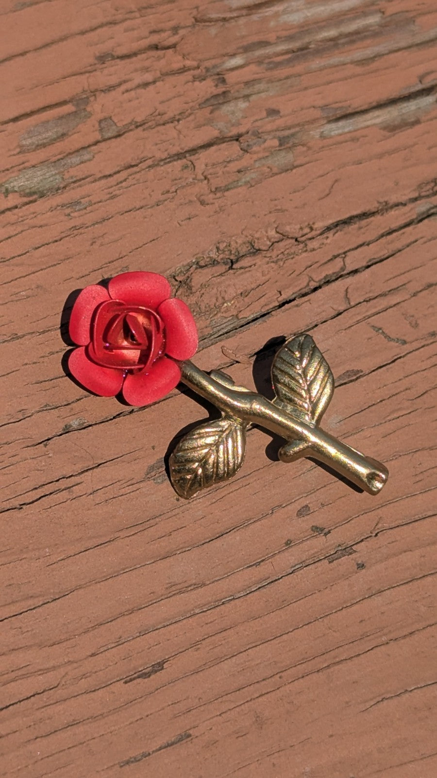 Vintage Red Rose Enamel  and Gold Tone Pin, Wearable Brooch, Excellent Condition