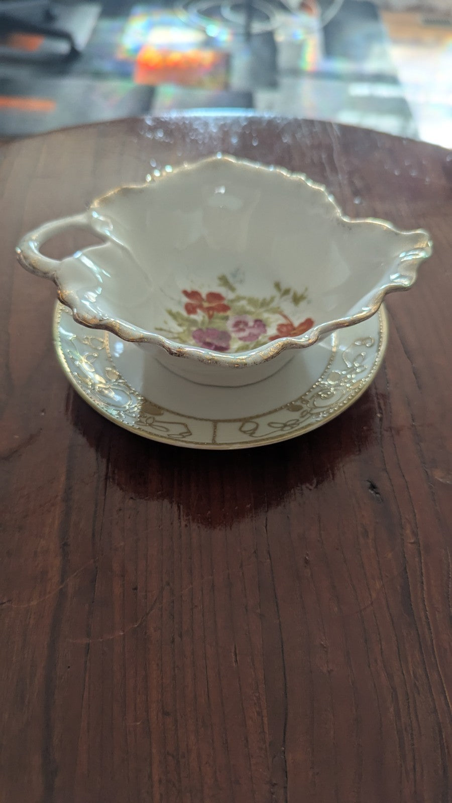 Vintage Gold Accented Leaf Shaped Gravy Serving Dish And Plate W/ Floral Design | Crystal Arborist