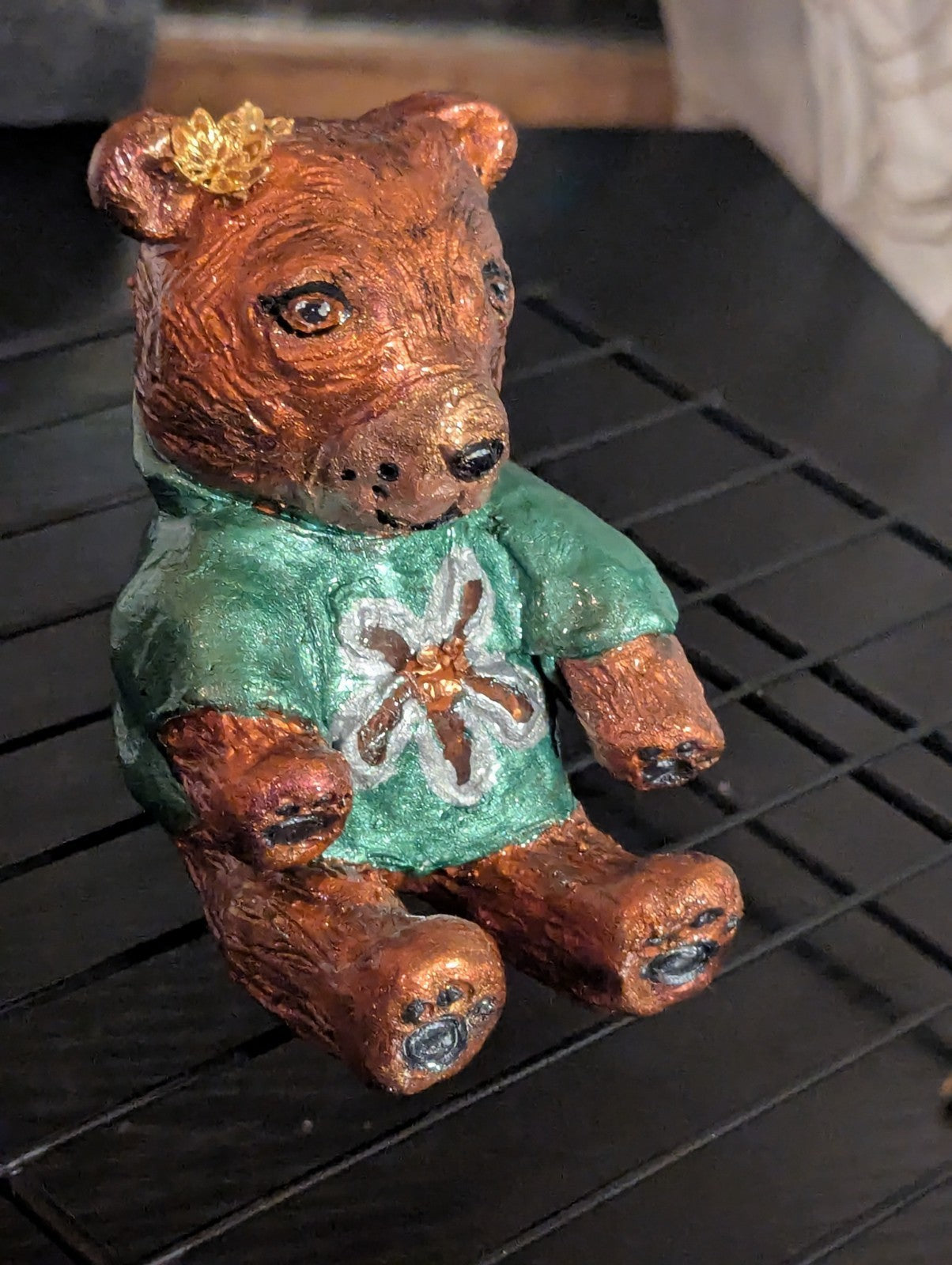 Bear Sculpture With Obsidian and Clear Quartz, Handmade