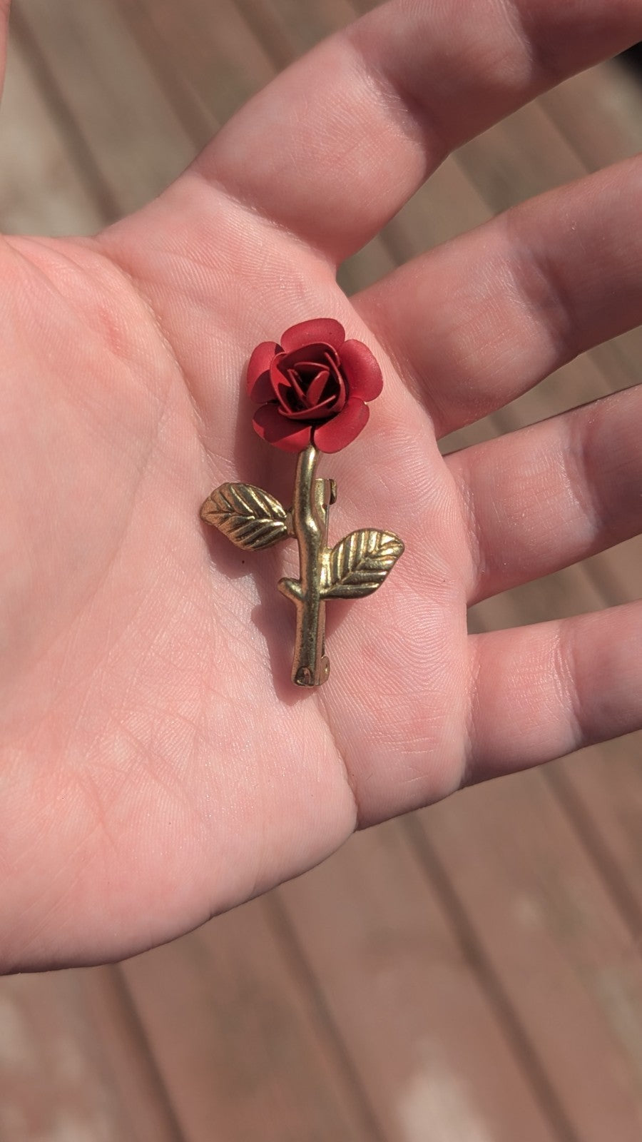 Vintage Red Rose Enamel  and Gold Tone Pin, Wearable Brooch, Excellent Condition