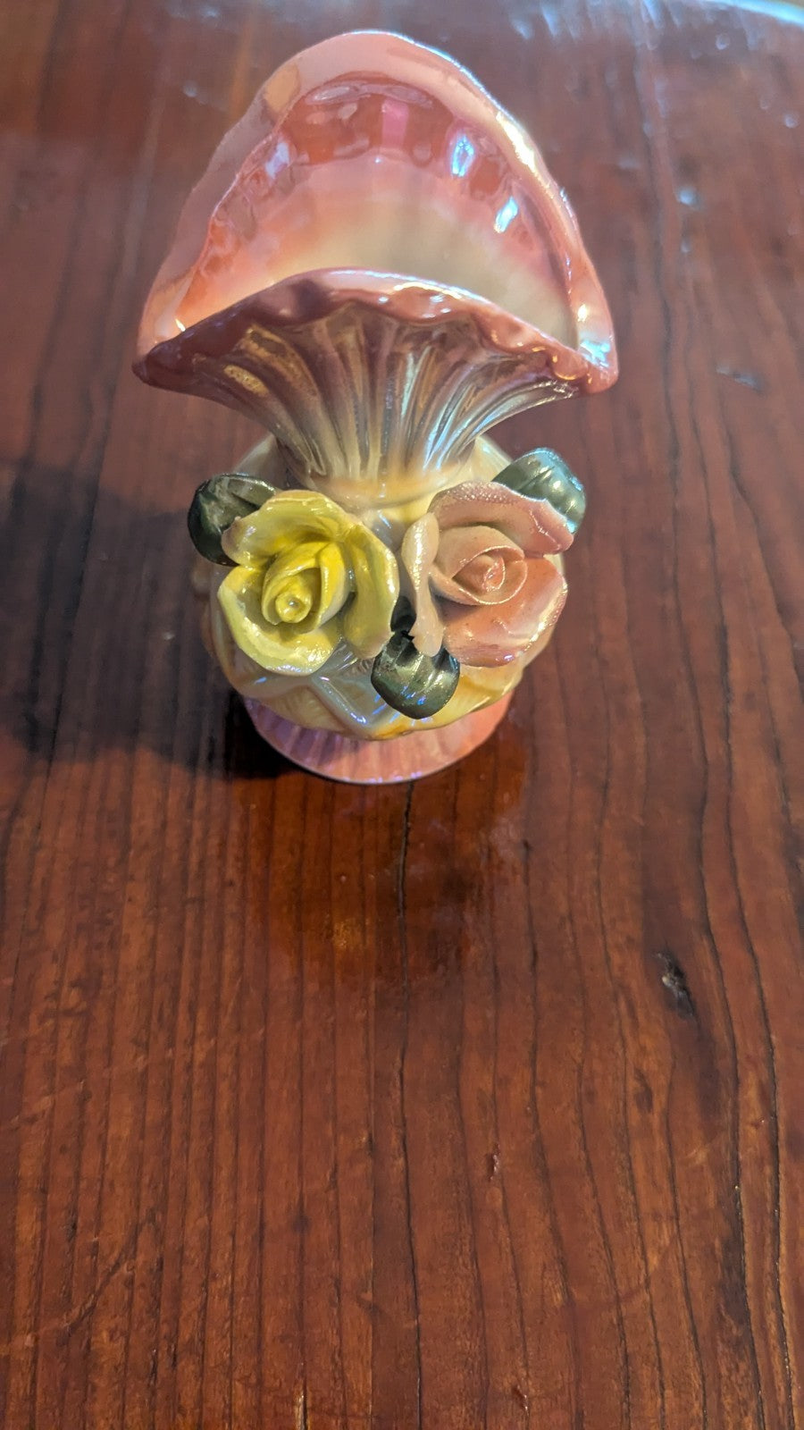 Small Pearlescent Vintage Vase, Sculpted Flowers, Iridescent