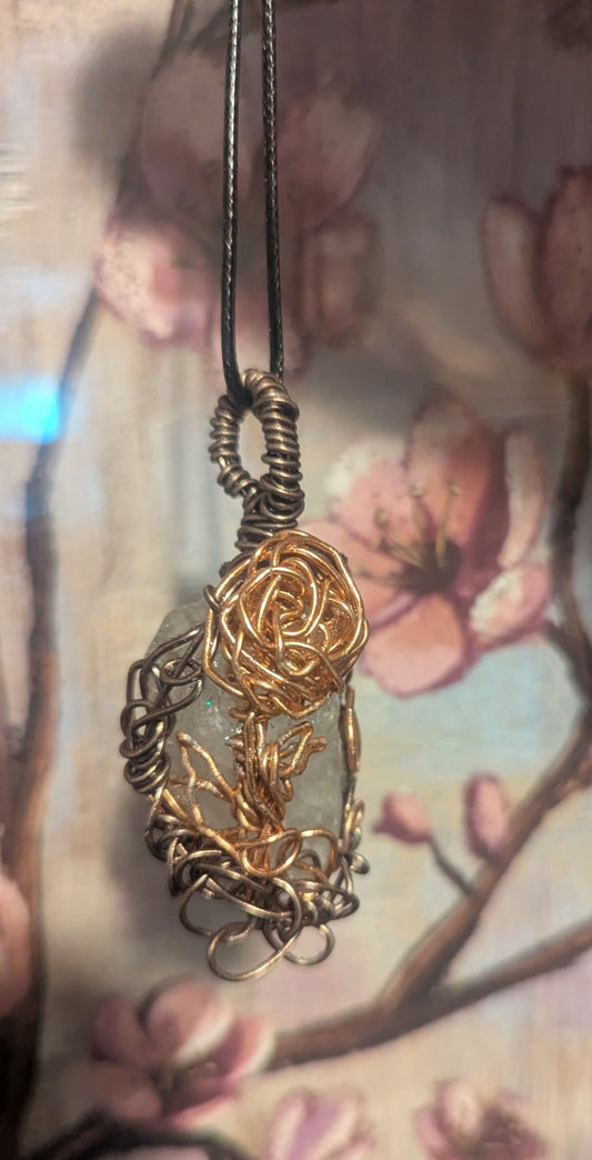 Clear Quartz Wire Necklace with Metal Rose for Everlasting Love and Prosperity | Crystal Arborist
