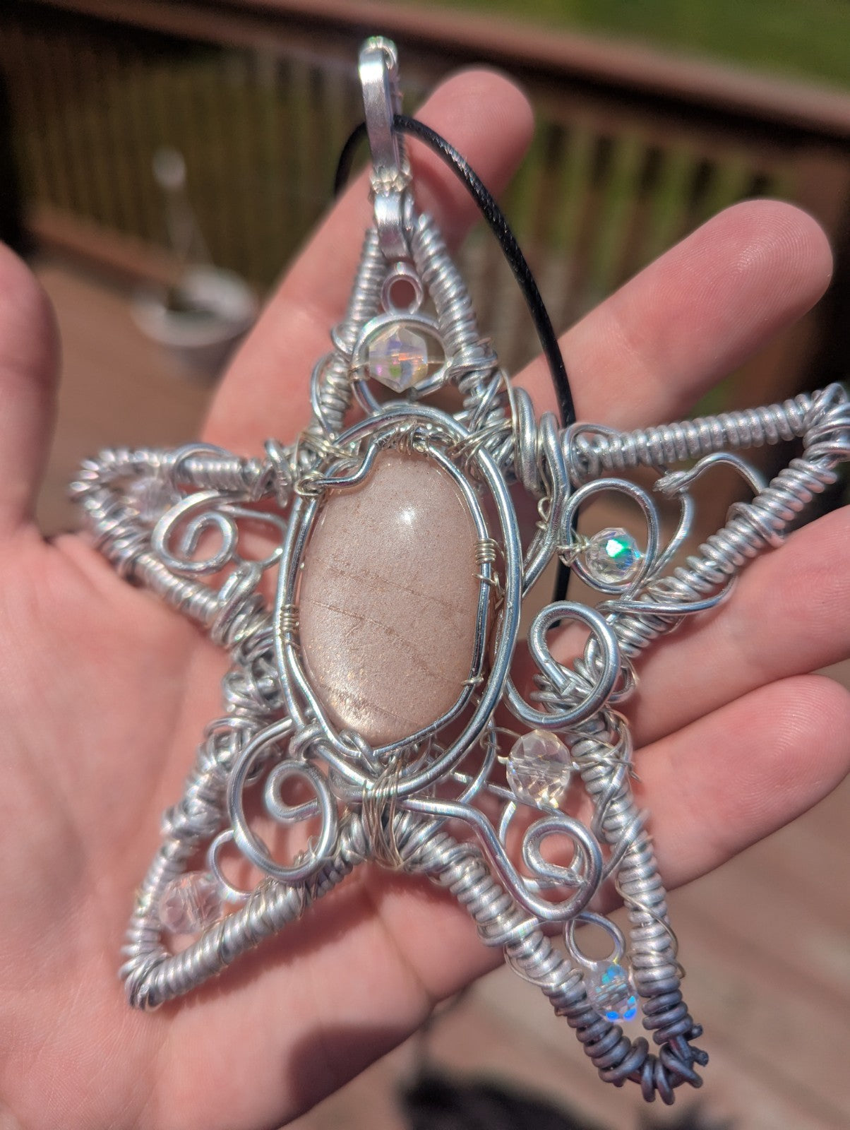 Retro Peach Moonstone Star Shaped Wire Necklace, Wicca, Halloween, Costume
