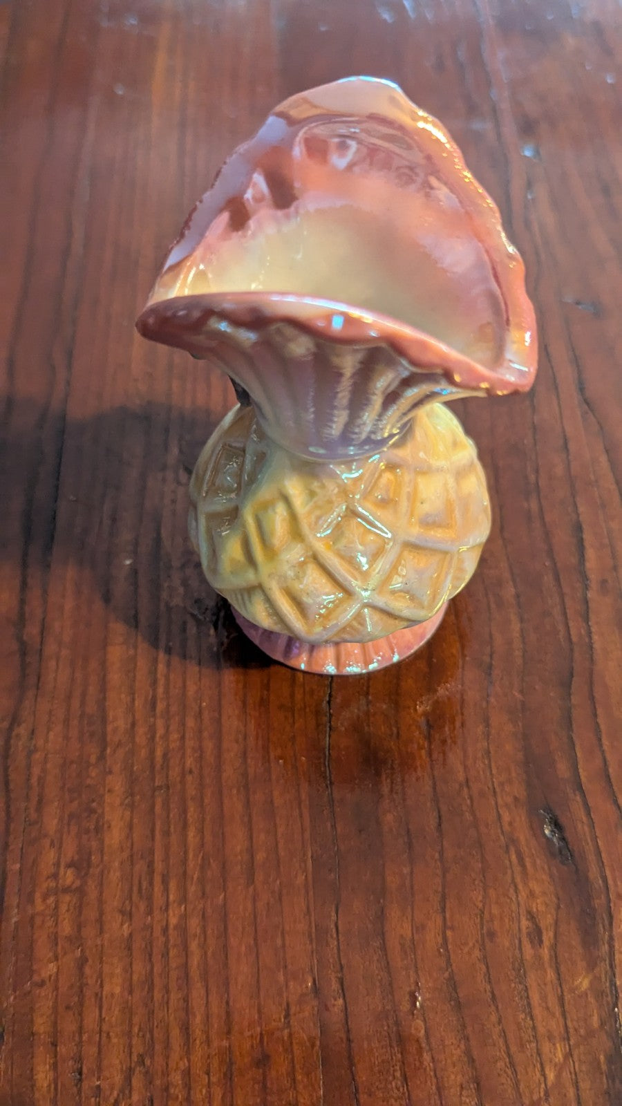 Small Pearlescent Vintage Vase, Sculpted Flowers, Iridescent