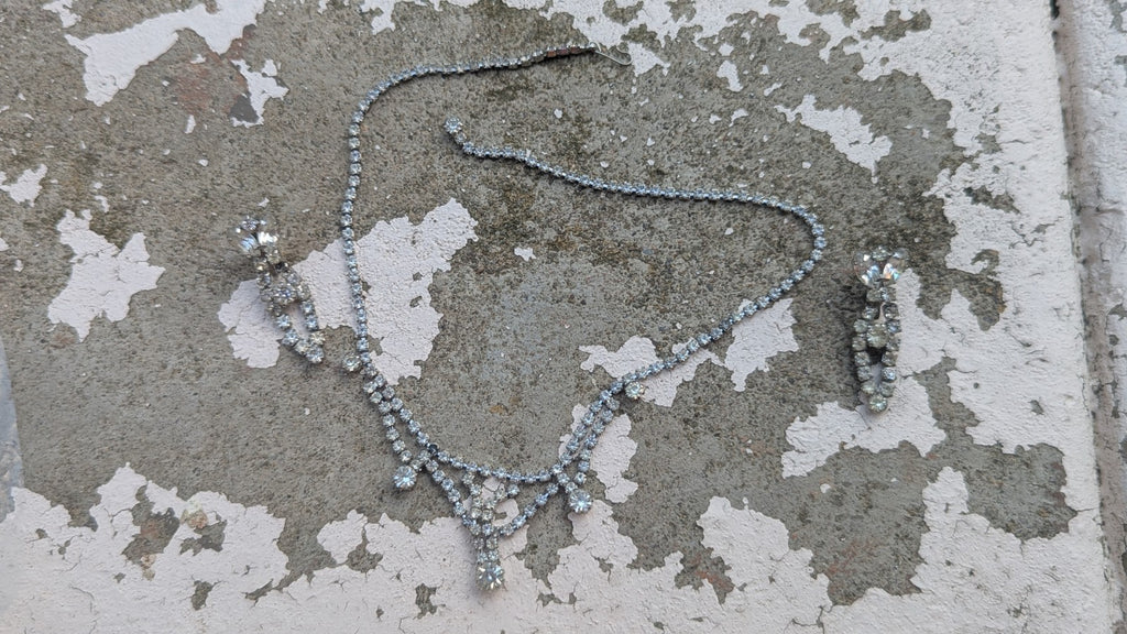 Vintage Rhinestone Choker Necklace With Matching Clip-on Earings