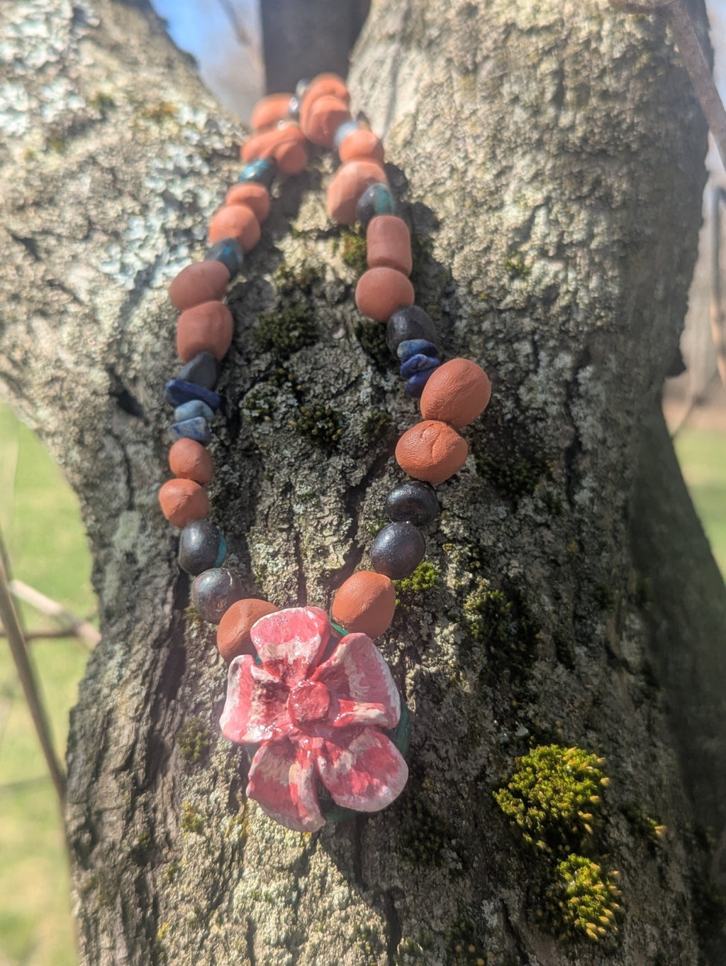 Clay & Gemstone Necklace: Crysocolla & Lapis Lazuli with Cherry Blossom Pendant