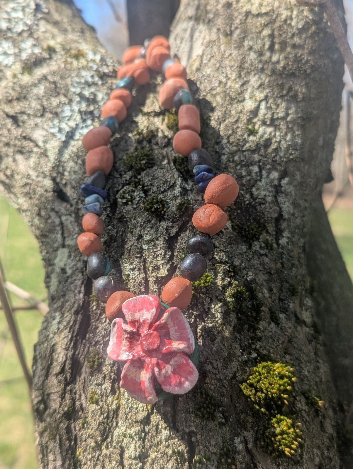 Clay & Gemstone Necklace: Crysocolla & Lapis Lazuli with Cherry Blossom Pendant