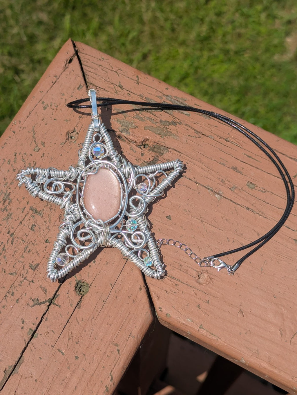 Retro Peach Moonstone Star Shaped Wire Necklace, Wicca, Halloween, Costume