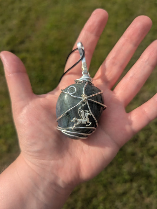 Labradorite Wirewrapped Necklace, Handmade Pendant With Pegasus Charm | Crystal Arborist