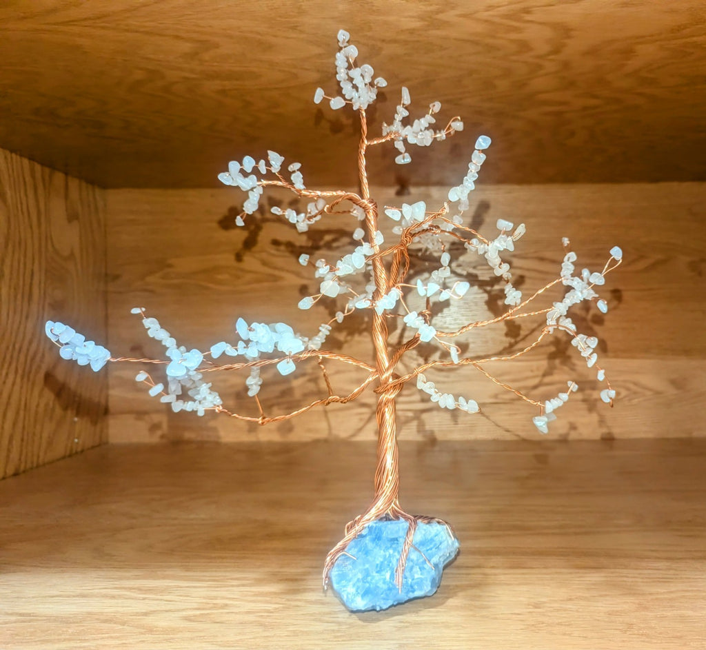 Serene WireWrapped Tree: White Jade &Blue Calcite Gemstone for Peace& Prosperity