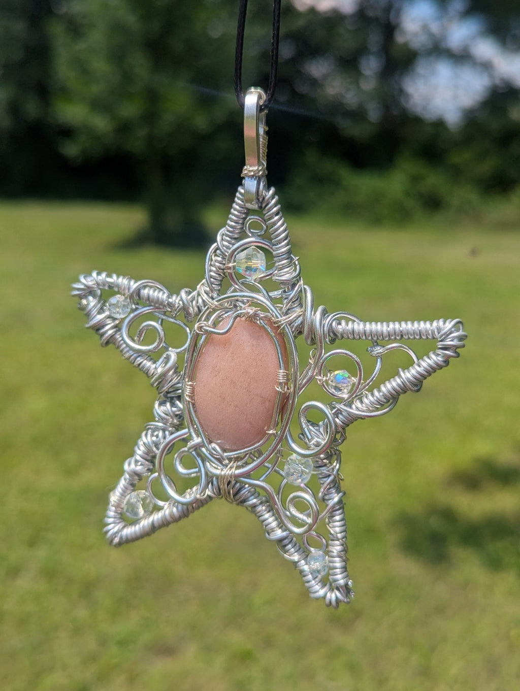 Retro Peach Moonstone Star Shaped Wire Necklace, Wicca, Halloween, Costume