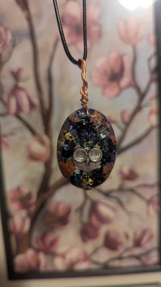 Lapis and Goldstone, Owl, Handmade Orgonite Necklace | Crystal Arborist