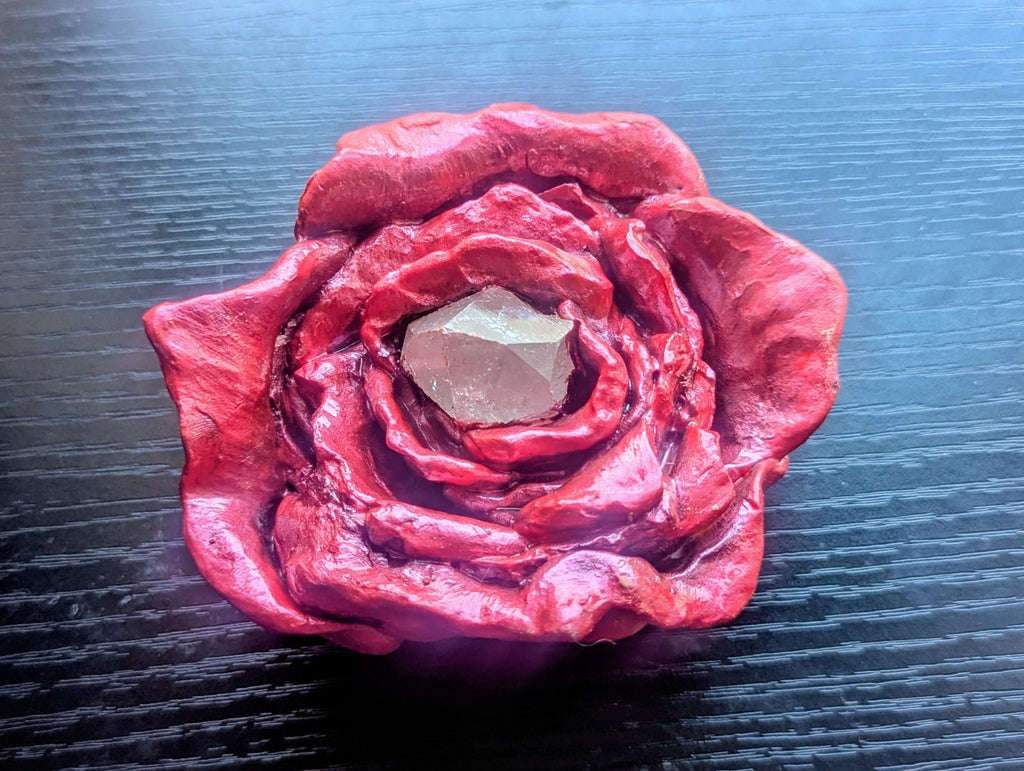 Red Rose Sculpture with Clear Quartz Point for Home Decor, Meditation