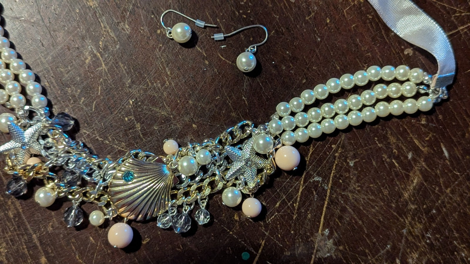 Vintage Pearls, Beads, And Seashell Pendant, With Matching Earings