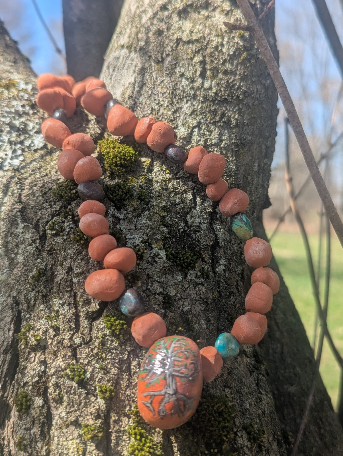 Clay & Gemstone Necklace: Crysocolla Beads w/ Painted Tree Pendant For Grounding